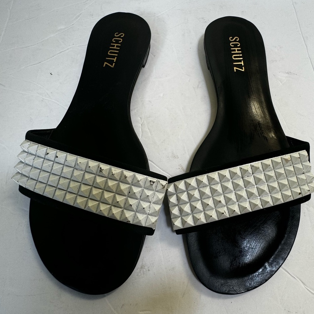 SCHUTZ Studs Leather Sandals Mules Slides Flats Shoes Goth Minimalist Slip On 7